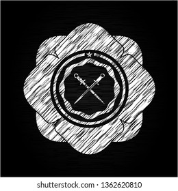 crossed swords icon drawn chalk emblem, retro style, chalk or chalkboard texture