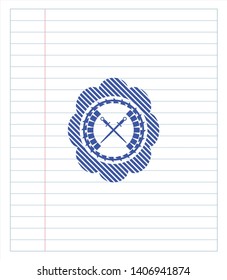 crossed swords icon emblem draw with pen effect. Blue ink. Vector Illustration. Detailed.