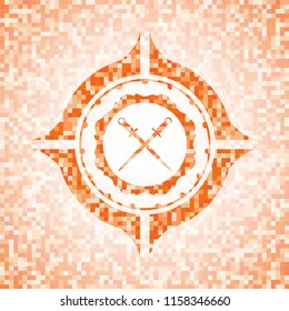 crossed swords icon inside abstract orange mosaic emblem with background