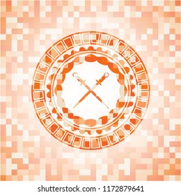 crossed swords icon inside abstract emblem, orange mosaic background