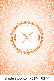 crossed swords icon inside abstract emblem, orange mosaic background