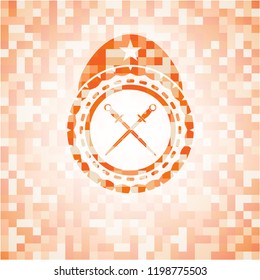 crossed swords icon inside abstract orange mosaic emblem