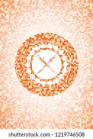 crossed swords icon inside abstract emblem, orange mosaic background