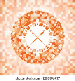 crossed swords icon inside abstract emblem, orange mosaic background
