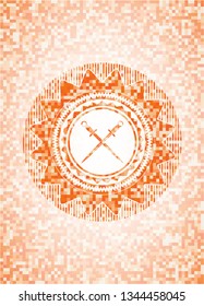 crossed swords icon inside abstract orange mosaic emblem with background