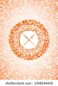 crossed swords icon inside abstract emblem, orange mosaic background