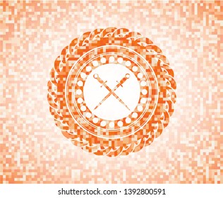 crossed swords icon inside abstract orange mosaic emblem with background