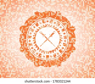 crossed swords icon inside abstract orange mosaic emblem. 