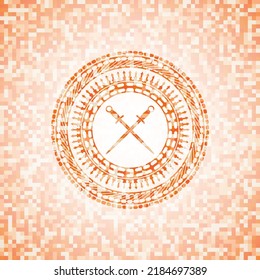 Symbol für gekreuzte Schwerter in abstraktem orangefarbenem Mosaik mit Hintergrund. 