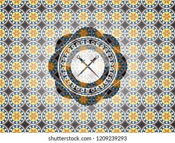 crossed swords icon inside arabesque badge background. arabic decoration.