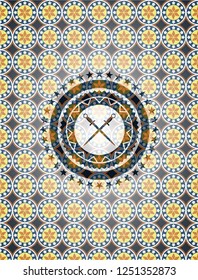 crossed swords icon inside arabesque style emblem. arabic decoration.