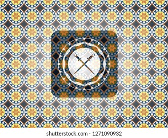 crossed swords icon inside arabesque style emblem. arabic decoration.