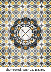 crossed swords icon inside arabesque style emblem. arabic decoration.