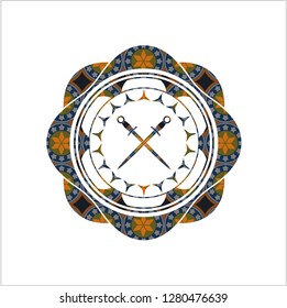 crossed swords icon inside arabesque emblem background. arabic decoration.