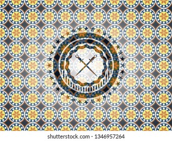 crossed swords icon inside arabesque badge background. arabic decoration.