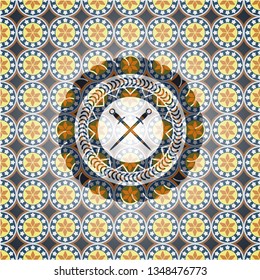 crossed swords icon inside arabesque badge. arabic decoration.