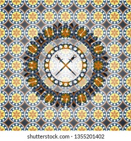 crossed swords icon inside arabesque badge background. arabic decoration.