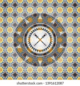 crossed swords icon inside arabesque badge. arabic decoration.
