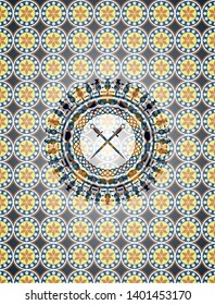 crossed swords icon inside arabesque badge. arabic decoration.