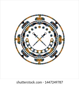 crossed swords icon inside arabesque badge background. arabic decoration.