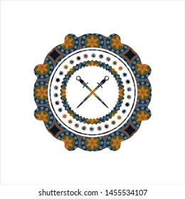 crossed swords icon inside arabesque emblem. arabic decoration.
