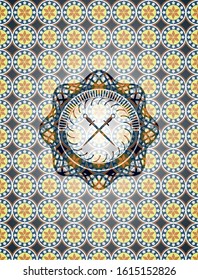 crossed swords icon inside arabesque emblem. arabic decoration.