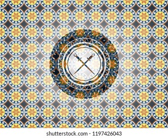crossed swords icon inside arabic style badge. Arabesque decoration.