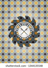 crossed swords icon inside arabic style badge. Arabesque decoration.