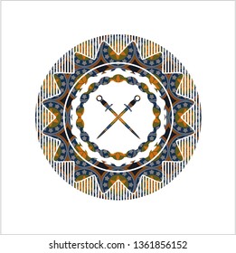 crossed swords icon inside arabic emblem. Arabesque decoration.