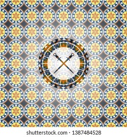 crossed swords icon inside arabic style badge. Arabesque decoration.