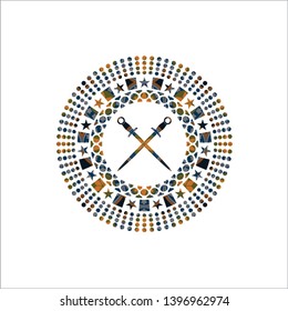 crossed swords icon inside arabic style emblem. Arabesque decoration.