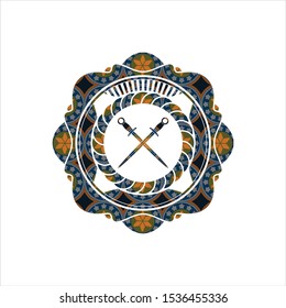 crossed swords icon inside arabic style emblem. Arabesque decoration.
