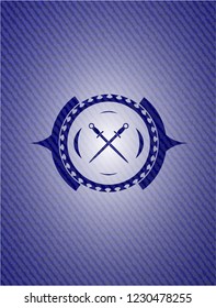 crossed swords icon inside badge with denim texture