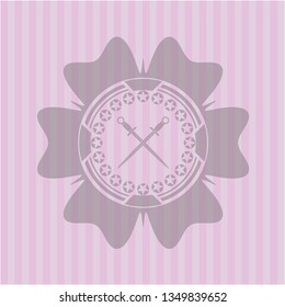 crossed swords icon inside badge with pink background