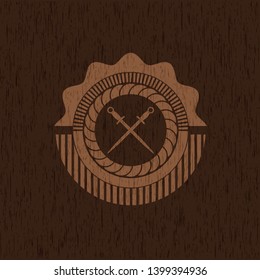 crossed swords icon inside badge with wooden background