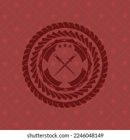crossed swords icon inside badge with red background. 