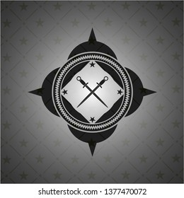 crossed swords icon inside black emblem. Vintage.
