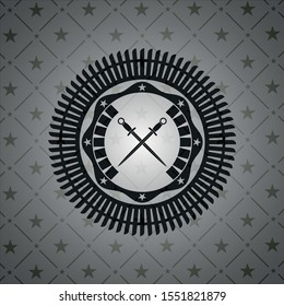 crossed swords icon inside black emblem. Vintage.