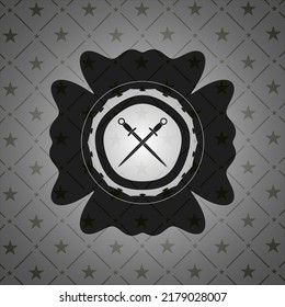 crossed swords icon inside black emblem. 