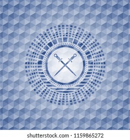 crossed swords icon inside blue badge with geometric background.