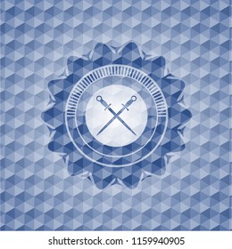 crossed swords icon inside blue hexagon emblem.
