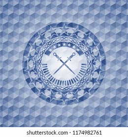 crossed swords icon inside blue badge with geometric background.