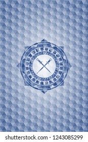 crossed swords icon inside blue emblem or badge with abstract geometric pattern background.