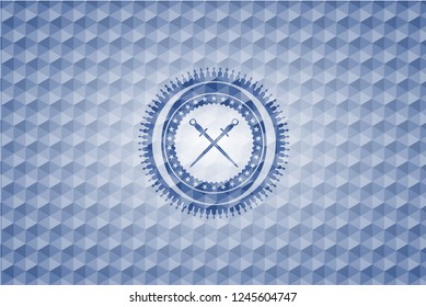 crossed swords icon inside blue emblem or badge with abstract geometric polygonal pattern background.