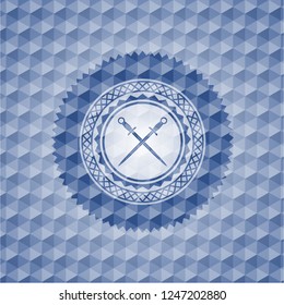 crossed swords icon inside blue emblem or badge with abstract geometric pattern background.