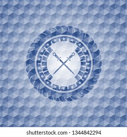 crossed swords icon inside blue badge with geometric pattern.