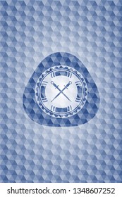 crossed swords icon inside blue emblem with geometric background.