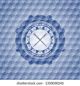 crossed swords icon inside blue emblem with geometric pattern.