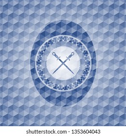 crossed swords icon inside blue emblem with geometric pattern.