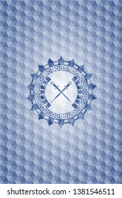 crossed swords icon inside blue badge with geometric pattern.